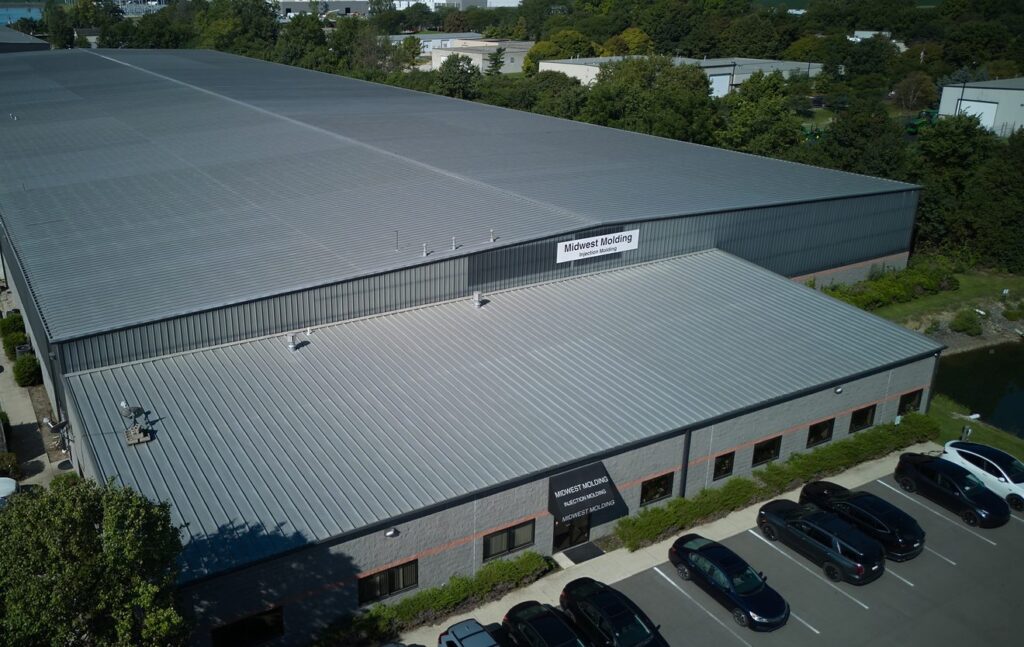 Aerial view of the Midwest Molding injection molding plant and front entrance in Plain City, Ohio